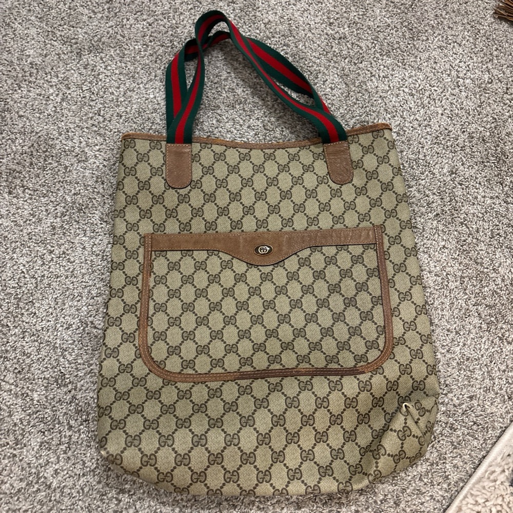 Gucci Beige and Brown Monogram Tote with Red and Green Straps